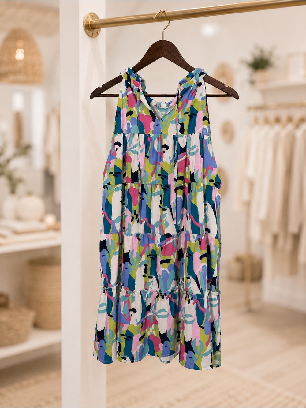 Colorful Abstract Print Flowy Tiered Tie Front Mini Dress Size Medium